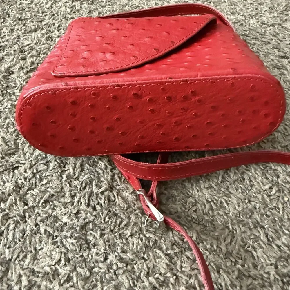 Red Ostrich Leather Crossbody‎ Bag Textured Small Shoulder Purse Zip Top Pocket